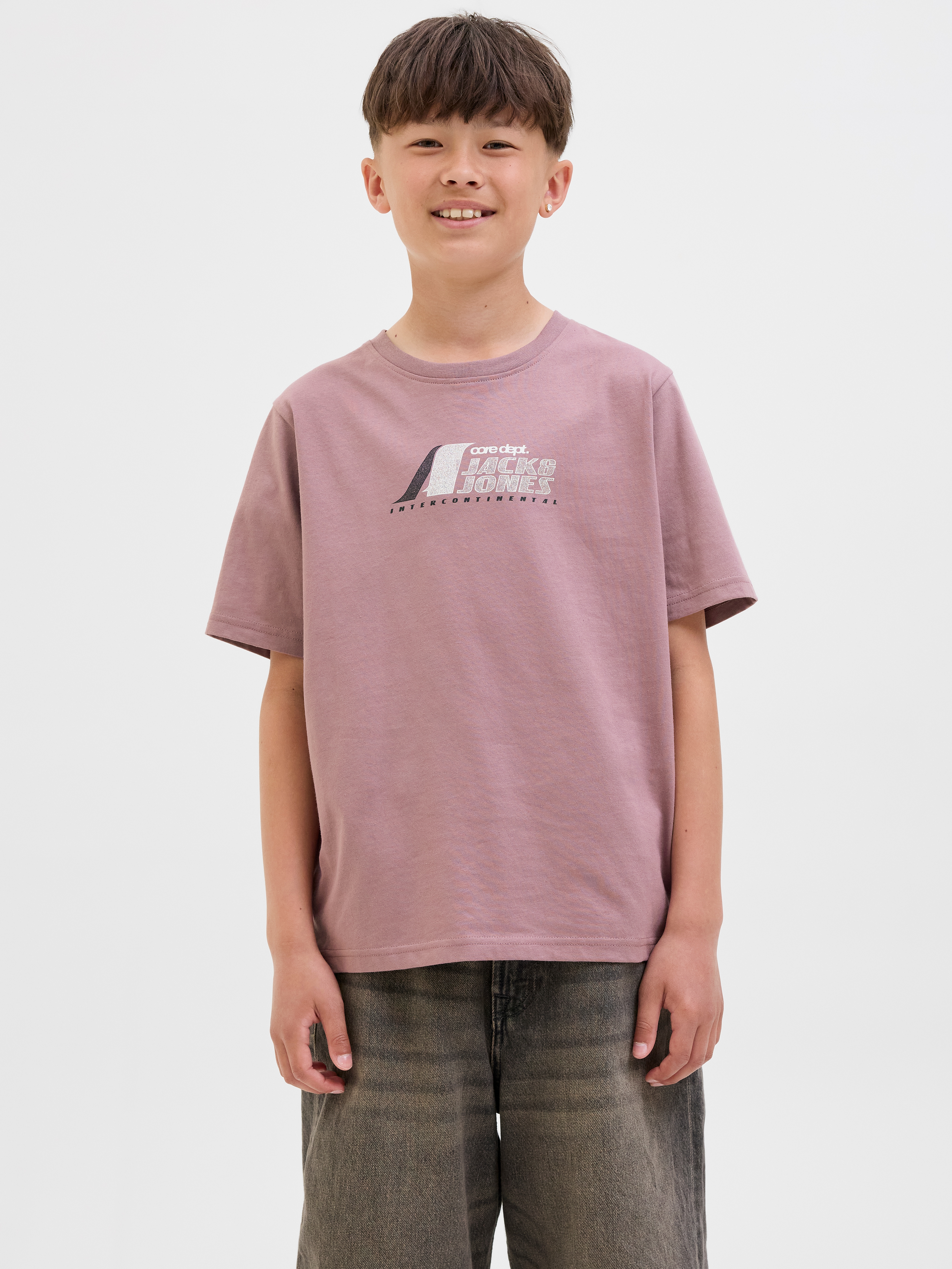 T-Shirt JACK & JONES JUNIOR "JCOTIER FRONT PRINT TEE SS CN SN JNR", Jungen, Gr. 152, lila (grape shake), Single Jersey, Obermaterial: 100% Baumwolle, bedruckt, Modisch, relaxed fit, Rundhals, Shirts
