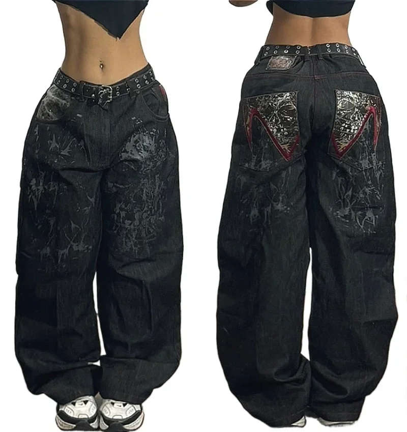 Jeans larghi retrò hip-hop americani da donna Y2K New Tide Harajuku pantaloni a gamba larga a vita alta pantaloni larghi gotici pantaloni da strada maschili