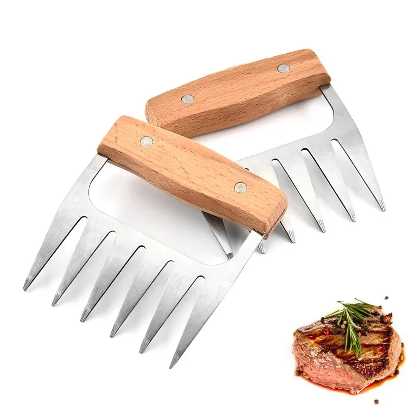 Fleischzerkleinerer in Form einer Bärenklaue aus Edelstahl, stark scharfes Grillwerkzeug, Griff aus Buchenholz, hitzebeständige Grillgabeln