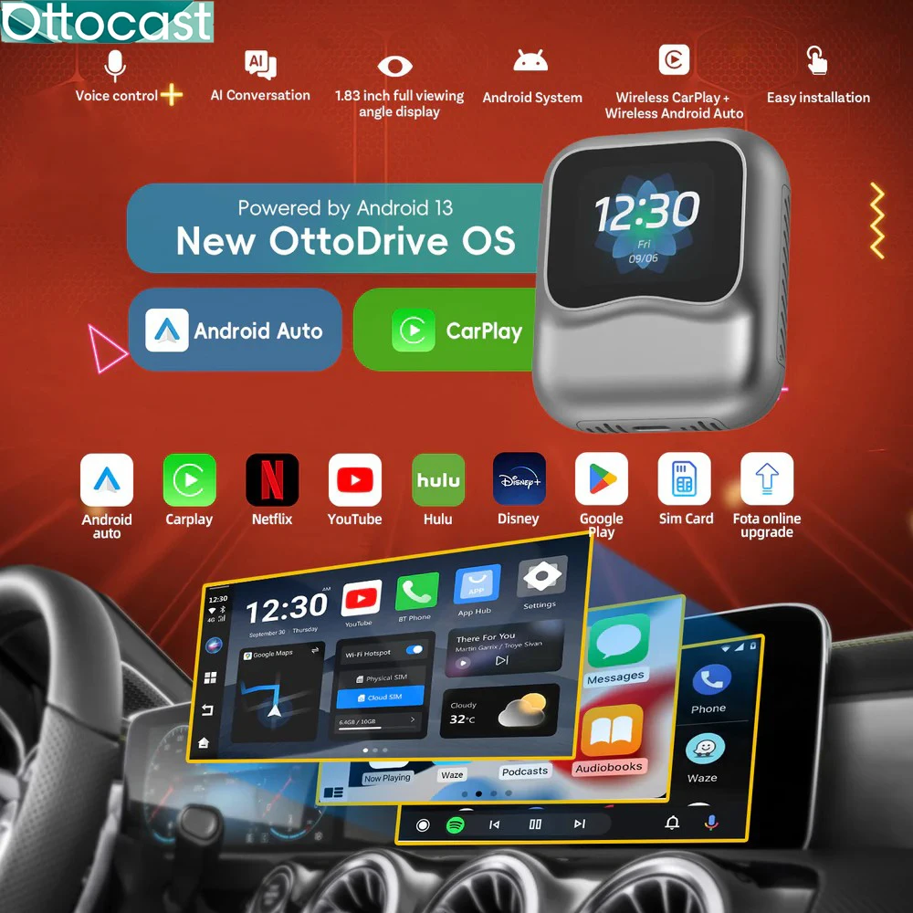 OTTOCAST Nano AI BOX Wirelss Carplay Android Auto AdaPter Android 13 QCM6225 8 + 128GB Sprachsteuerung Video Box für Toyota Benz VW Image