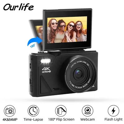 Ourlife Digitale Fotokamera 4K 64 MP 18X Digitalzoom Kompaktkamera 180 ° Vintage-Videorecorder mit Klappbildschirm für Anfänger