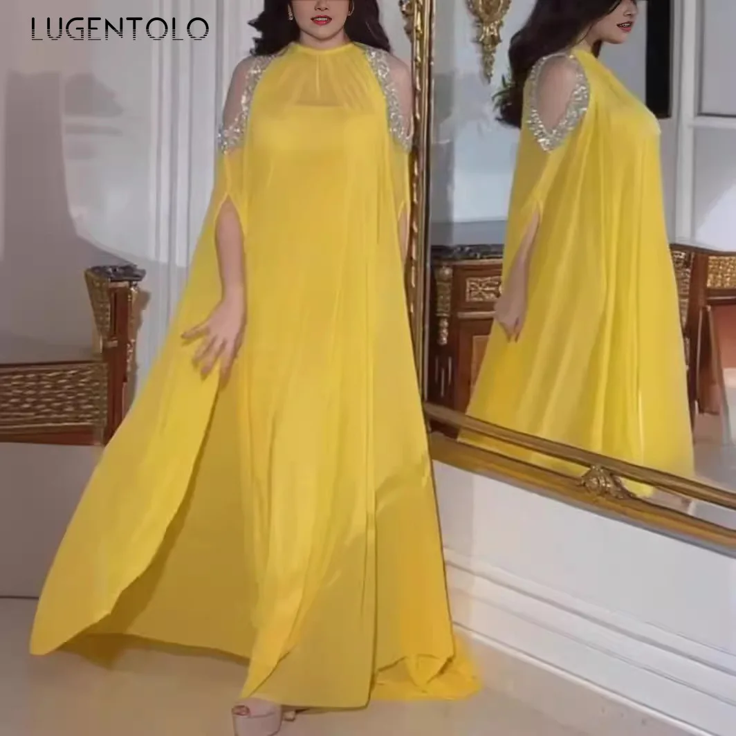 Frauen Sexy Kleid Party Mantel Pailletten Chiffon Bankett Zwei-stück Dame Off-die-schulter Halter Nahen Osten temperament Tuch Image