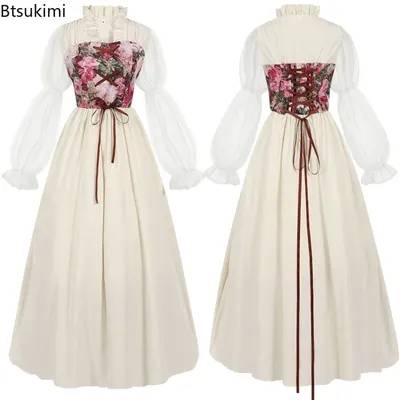 Mittelalterliches Kleid für Damen, viktorianische Piratenkleider, Feenhexe, Halloween-Kostüme, Vintage-Blumenmuster, elegantes Renaissance-Kleid, weiblich Image