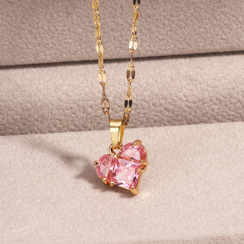 Neue Mode Edelstahl Y2k Kristall Rosa Zirkon Herz Anhänger Halskette Für Frauen Mädchen Elegante und Süße Punk Party Schmuck