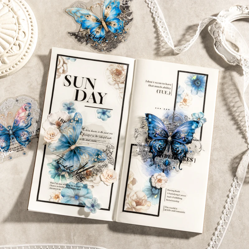 10 Blatt PET-Aufkleberpaket, Schmetterlingshandbuchmaterial, Schulbedarf, Geständnis, Spitzencollage, Scrapbooking, Schnitt, 160 x 115 mm Image