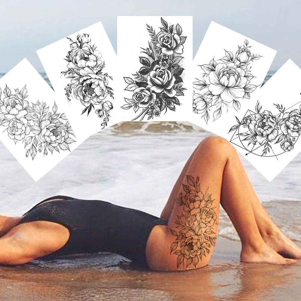 Sexy Blume temporäre Tattoos für Frauen Körper Kunst Malerei Arm Beine Tattoos Aufkleber realistische gefälschte schwarze Rose wasserdichte Tattoos Image