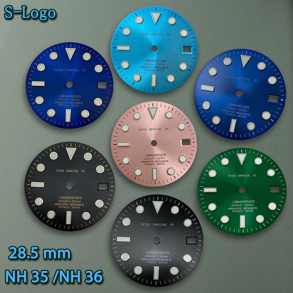 S-Logo, 28,5 mm, SUB, schwarzes Zifferblatt, silberfarben, passend für NH35 NH36 Uhrwerk, eisblau leuchtend, hochwertiges Uhrenmodifikationszubehör ﻿ Image