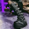 Kombination Bein Abdeckung Dicken sohlen Schuhe Frauen Runde Kappe Punk Gothic Metall Niet Gürtel Schnalle Kniehohe Stiefel Schwarz hotties Stiefel