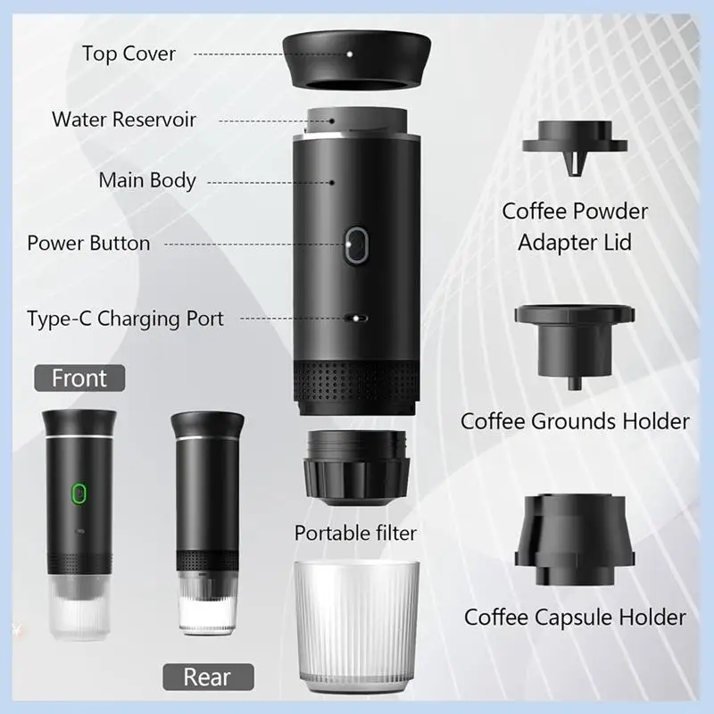 EAS-Drahtlose elektrische tragbare Espressomaschine Tragbare Kaffeemaschine 3-in-1 Kapselpulver Reisekaffeemaschine Splitter Image