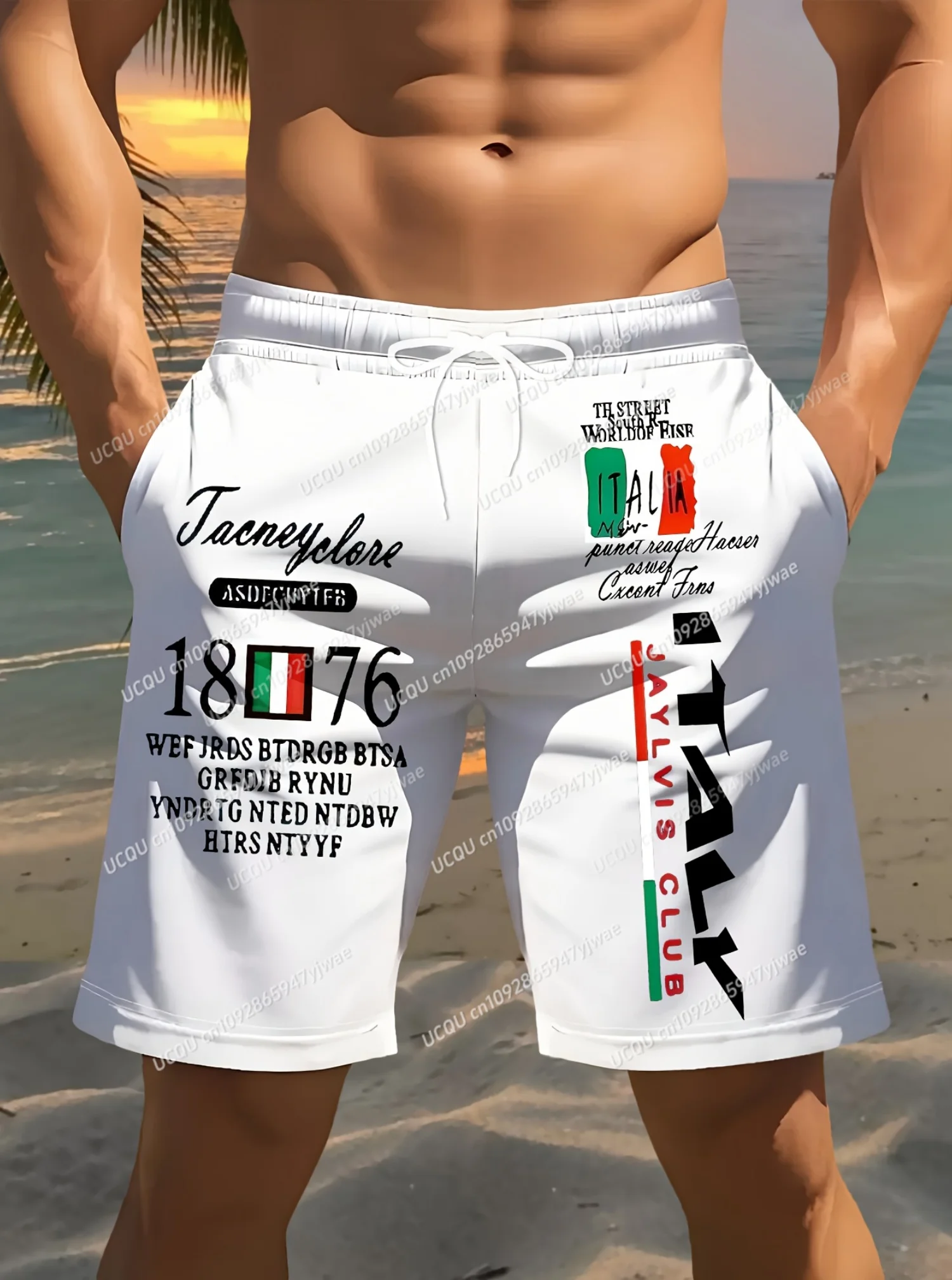 Sommer Herren Boardshorts ITALIA 1776, bedruckt, Urlaub, Badehose, Kordelzug, elastisch, schnell trocknend, hawaiianische Strandshorts, Herrenbekleidung Image