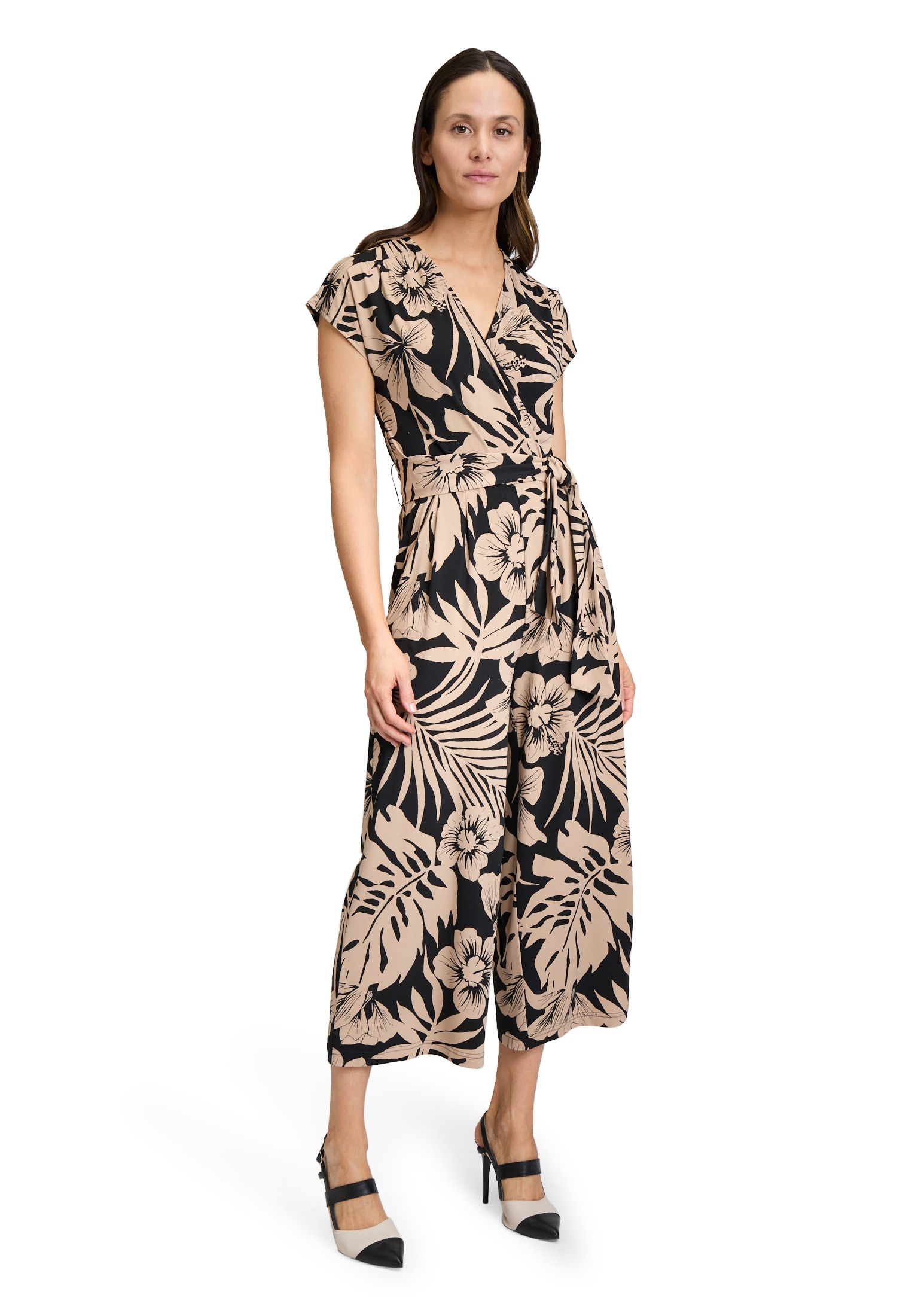 Overall BETTY BARCLAY "Damen mit Eingrifftaschen", Damen, Gr. 40, Normalgrößen, schwarz (schwarz, beige), Jersey, Obermaterial: 95% Polyester, 5% Elasthan., figurumspielend, V-Ausschnitt, Overalls Overall, Form