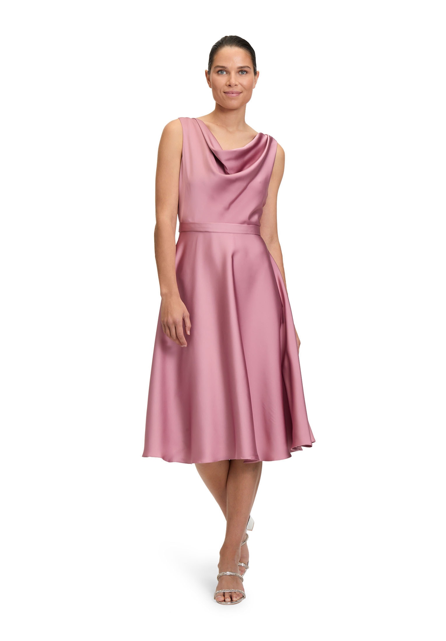 Cocktailkleid VERA MONT "Damen mit Wasserfallausschnitt", Damen, Gr. 42, Normalgrößen, rosa (desert rose), Satin, Obermaterial: 100% Polyester; Futter: 100% Polyester, ausgestellt kurz, Wasserfallausschnitt, Kleider, Form