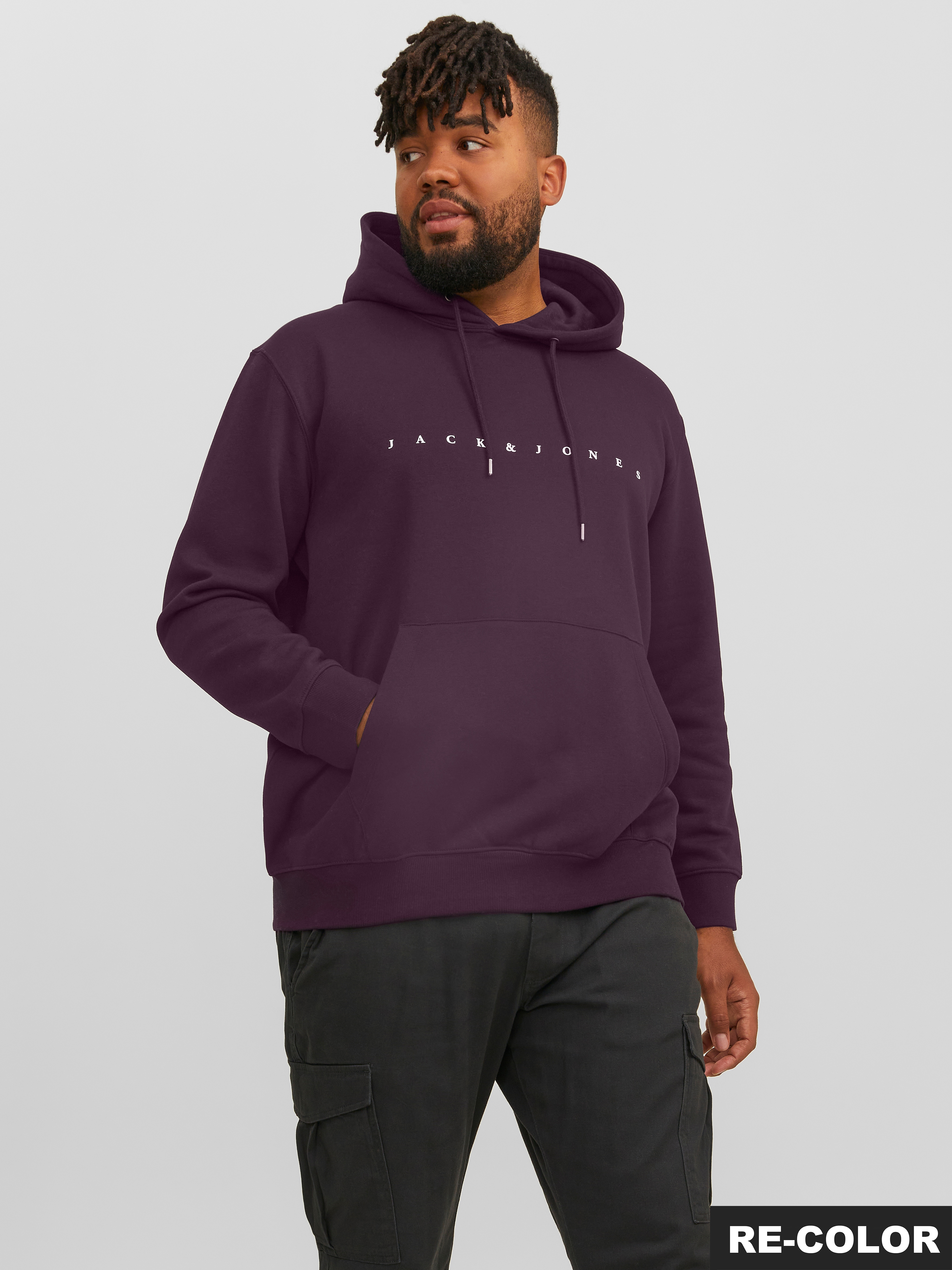 Kapuzensweatshirt "JJESTAR JJ SWEAT HOOD NOOS PLS", Herren, Gr. 5XL, lila (plum perfect), angeraute Sweatware, Obermaterial: 70% Baumwolle, 30% Polyester, JACK & JONES PLUSSIZE, bedruckt, comfort fit taillenbedeckt, Rippbündchen, Sweatshirts, mit...