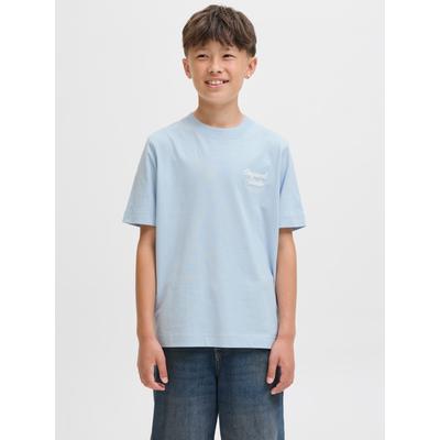 T-Shirt JACK & JONES JUNIOR "JORNORREBRO TYPO TEE SS CREW NECK SN JNR", Jungen, Gr. 176, blau (skyway), Single Jersey, Obermaterial: 100% Baumwolle, unifarben, modisch, relaxed fit, Rundhals, Kurzarm, Shirts Image