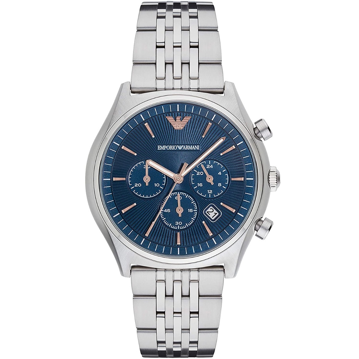Stilvolle Herrenuhr der Marke Emporio Armani. Die Uhr hat ein Armband, das auch kleiner gemacht werden kann, das Gehäuse hat einen Durchmesser von 43 mm und das Uhrwerk ist Quarz. Das Armband ist aus Stahl gefertigt und hat eine Faltschließe. Marke:... Image