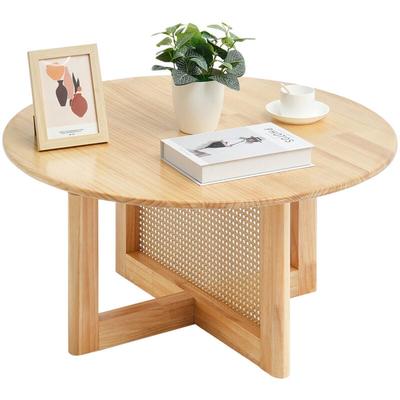 Vevor - runder Couchtisch aus geflochtenem Rattanholz mit Tischplatte aus Gummibaumholz, moderner Image