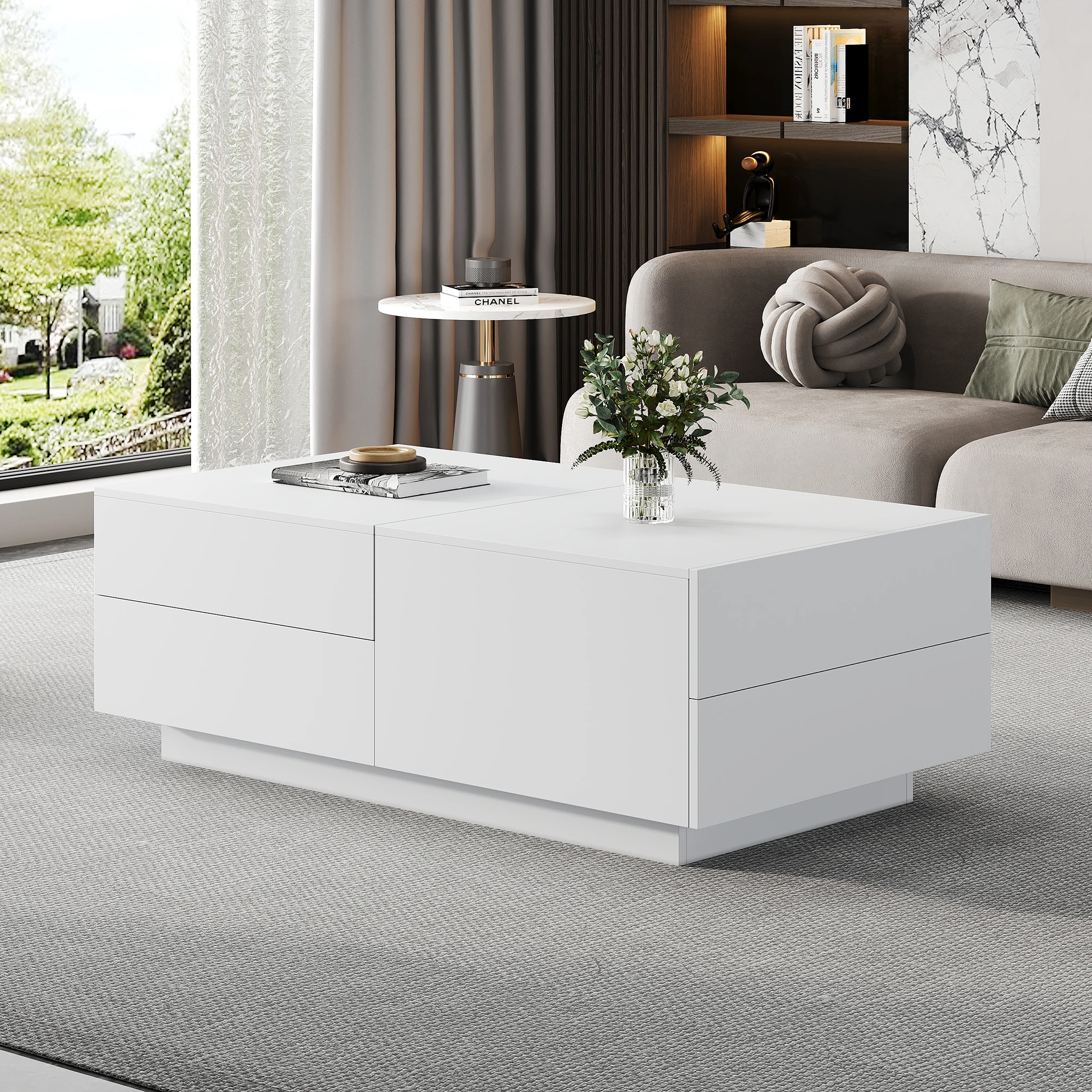 90 x 55 x 45 cm moderner Couchtisch, Wohnzimmertisch mit Schiebetischplatte, 4 Schubladen perfekt für stilvolles Wohnzimmer