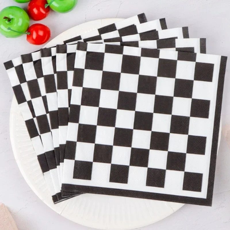 20 Stück 33 cm 2-lagige schwarz-weiße Servietten mit Schachbrettmuster, Party-bedruckte dekorative Servietten, Einweg-Tischsets, DIY-Papier Image