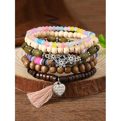 Damen-Set mit mehrlagigem Bettelarmband im Boho-Stil mit Perlen – Armbänder aus Holz, Türkis und Wildleder im Vintage-Stil mit Blatt- und geometrischen Anhängern, ideal für die Freizeit, Festivals und Strandurlaube Image