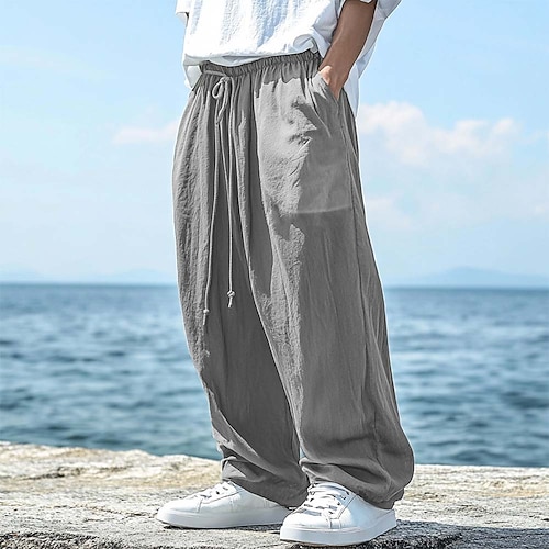 Herren Leinenhosen Hose Sommerhose Kordelzug Elastischer Bund Gerader Schnitt Einfach Komfort Atmungsaktiv Volle Länge Outdoor Lässig Täglich Mode Klassicher Stil Schwarz Marineblau Unelastisch Image