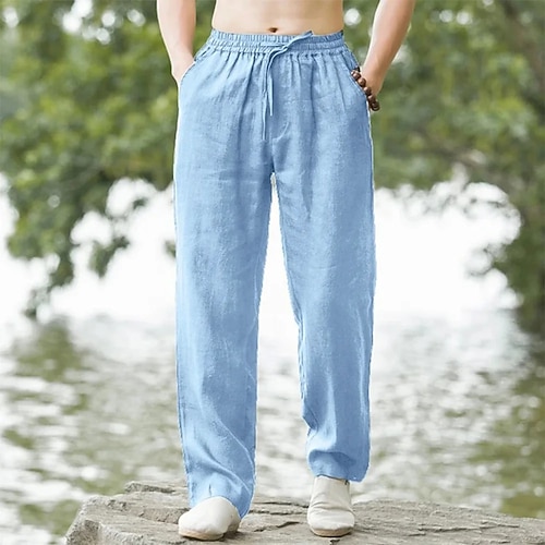 Herren Leinenhosen Hose Sommerhose Baggy-Hosen Elastischer Bund Kordelzug Gerader Schnitt Einfach Komfort Atmungsaktiv Volle Länge Outdoor Lässig Täglich Mode Klassicher Stil Schwarz Weiß Unelastisch Image
