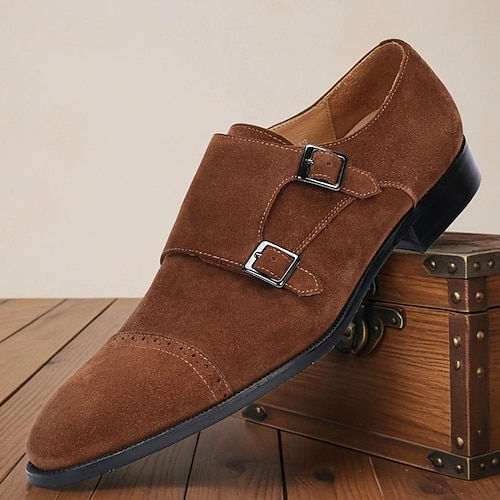 Braune Wildleder Doppel-Monk-Strap-Schuhe für Herren – Elegante Dress Schuhe mit Schnallenverschluss perfekt für formelle Anlässe und Business-Bekleidung Image