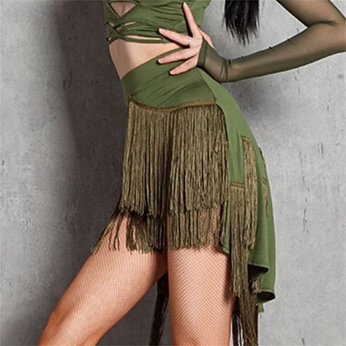 Damen schwarzer Fransen-Mini-Kurzrock mit Shorts, dehnbar, Rave-Disco-Club, Latin-Salsa-Tanzrock Image