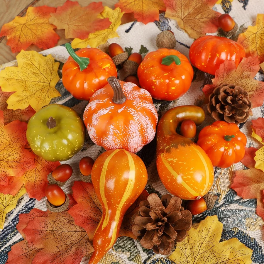 Halloween-Dekor, 50 Stück – künstliche Mini-Kürbisse, Herbstblätter-Set, verwendet für Party, Heimwerken, Tischdekorationen, Schieß-Requisiten Image