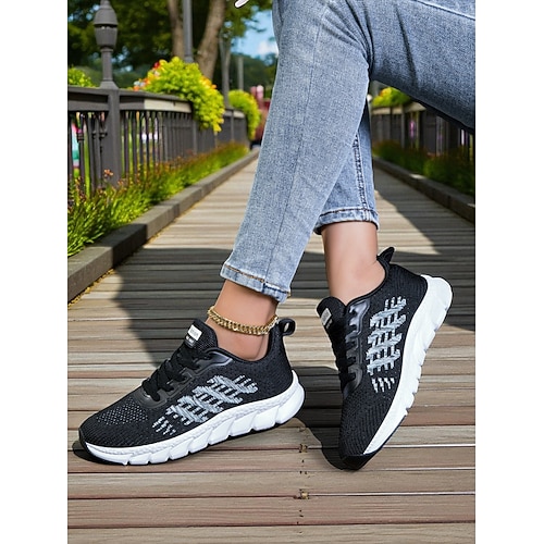 Weiße Flyknit-Laufschuhe für Damen – leichte, atmungsaktive Laufschuhe für den Übergang vom Sommer zum Herbst, für Sport und die tägliche Fitness Image