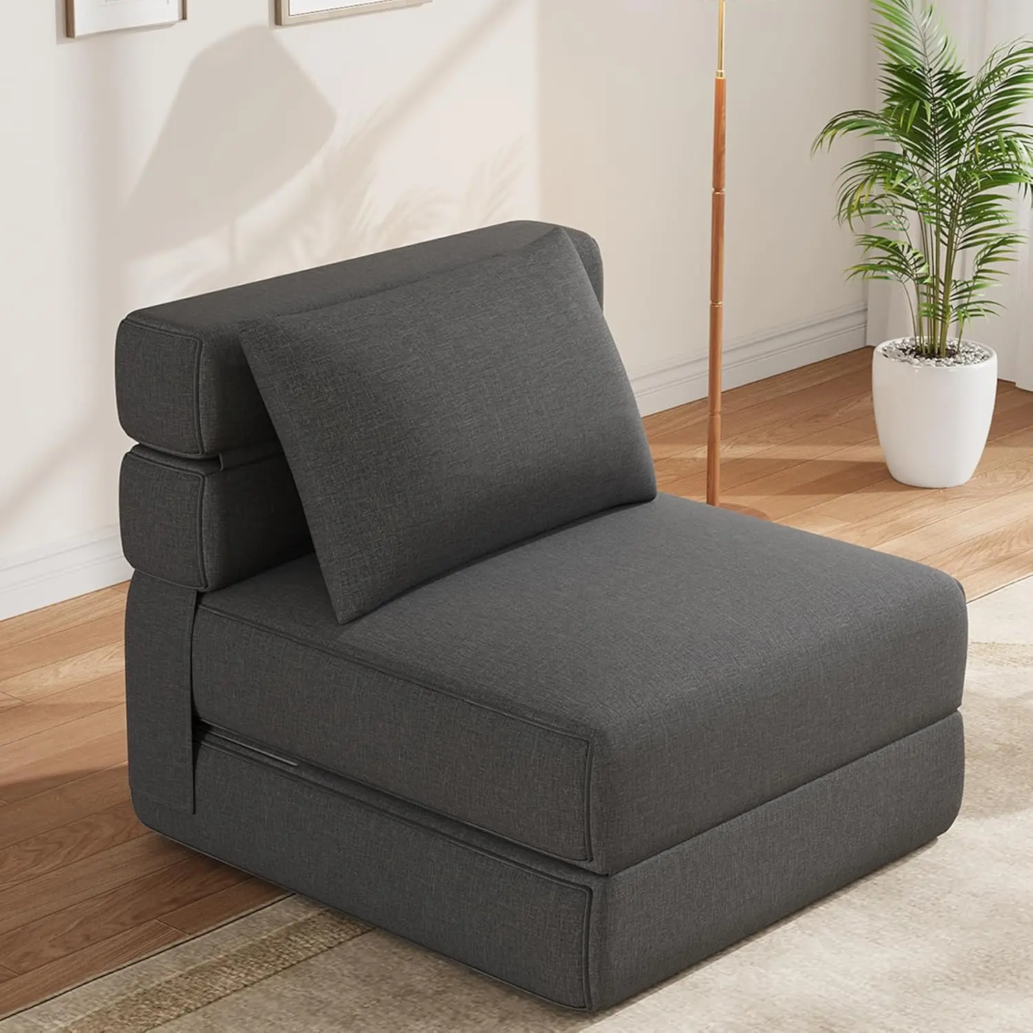 Klappbares Schlafsofa, umwandelbarer Schlafstuhl mit Kissen, modernes Futon-Sofa aus Leinenstoff für Wohnzimmer/Heimbüro, Einzelbett Image