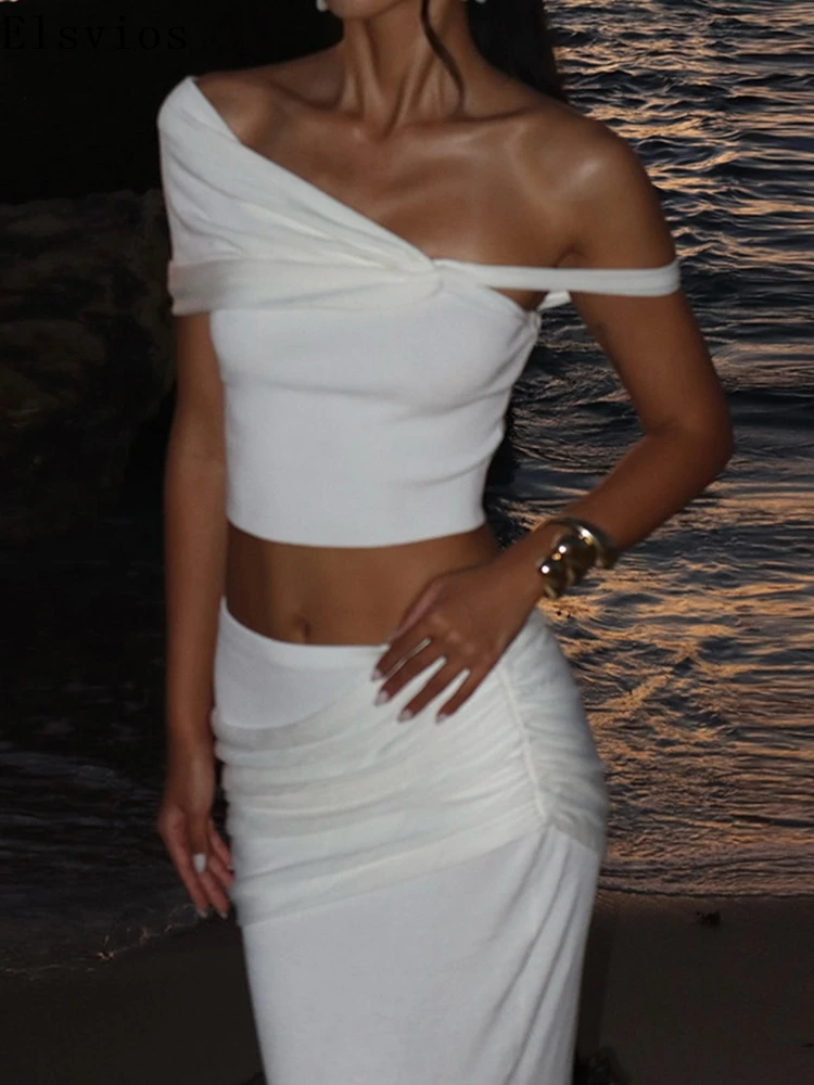 Mode Pendeln Slim Fit Lange Rock Anzug Elegante Off Schulter Sommer 2 Stück Outfits 2025 Sexy Drapierte Top & Lange rock Bodycon Set