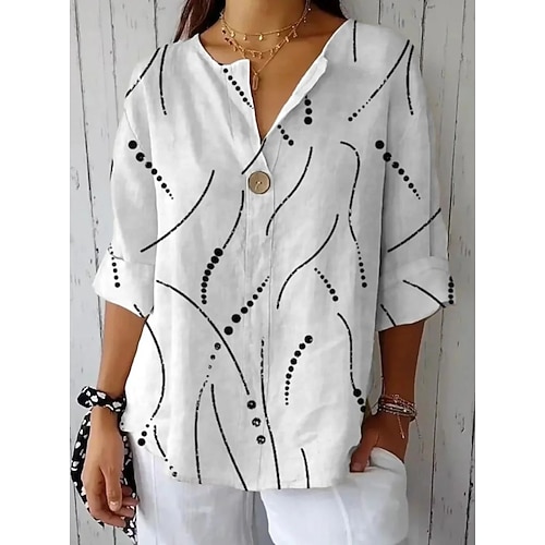 Damenbluse Leinenähnlich Atmungsaktiv Leicht Lange Ärmel V-Ausschnitt Floral Vintage Tropisch Hawaiian 3/4 Länge Ärmel Rundhalsausschnitt Täglicher Urlaub Strandbekleidung Druck Weiß Rosa Königsblau Image