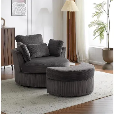 Karl Home Round Swivel Chair with Ottoman, 360 Modern Single Accent Barrel Chair Lounger for Living Room, Bedroom, Lounge, Hotel