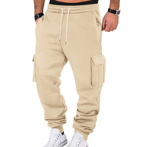 Herren Cargo-Hosen Fleecehose Jogginghose Hose Sporthose Elastischer Bund Kordelzug Mehrere Taschen Einfach Komfort Warm Volle Länge Outdoor Lässig Täglich Sport Mode Schwarz Weiß Image