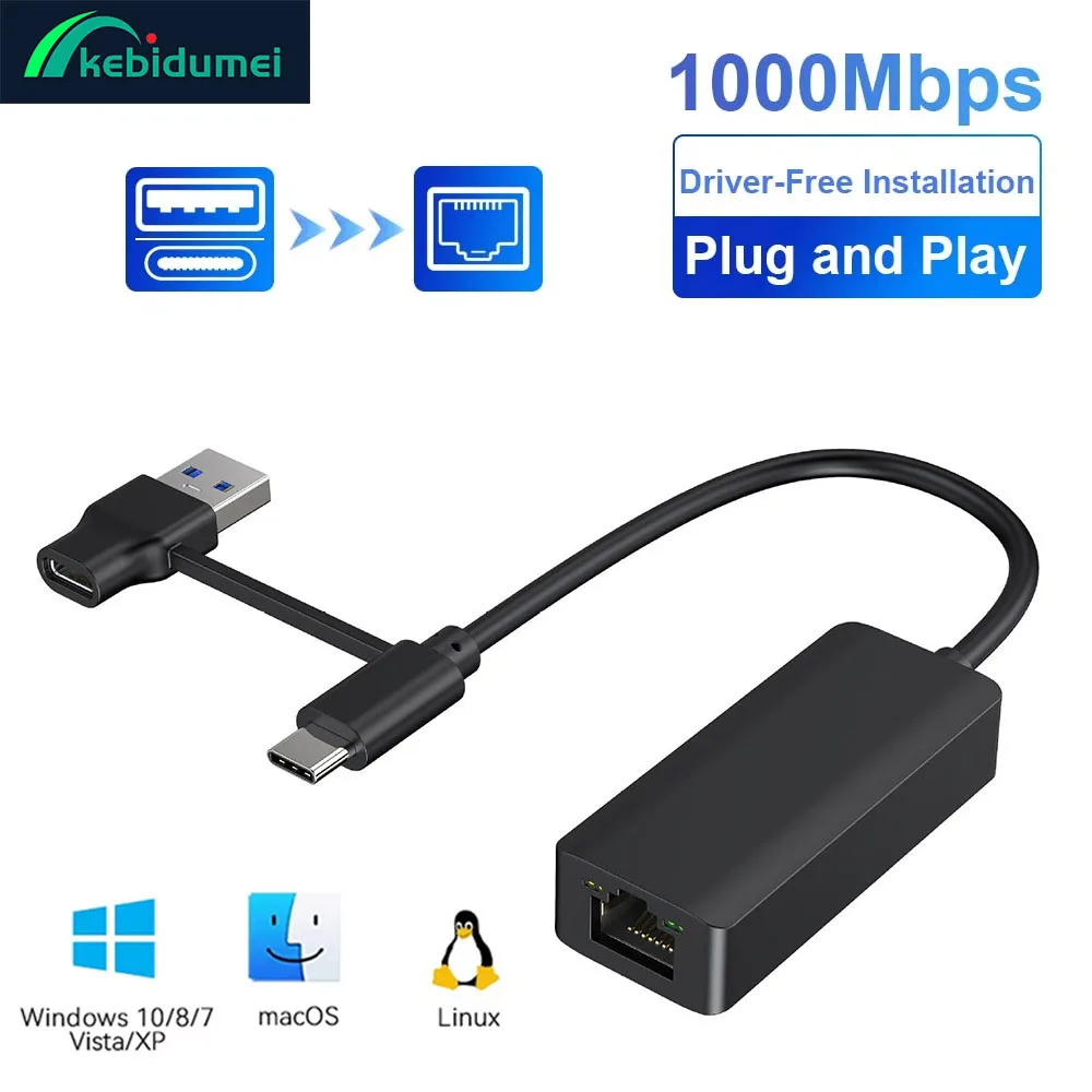 Kebidumei USB Ethernet Adapter USB 3.0 Typ C zu RJ45 Gigabit Netzwerkkarte Lan Internetkabel für PC Desktops Laptop Zubehör Image