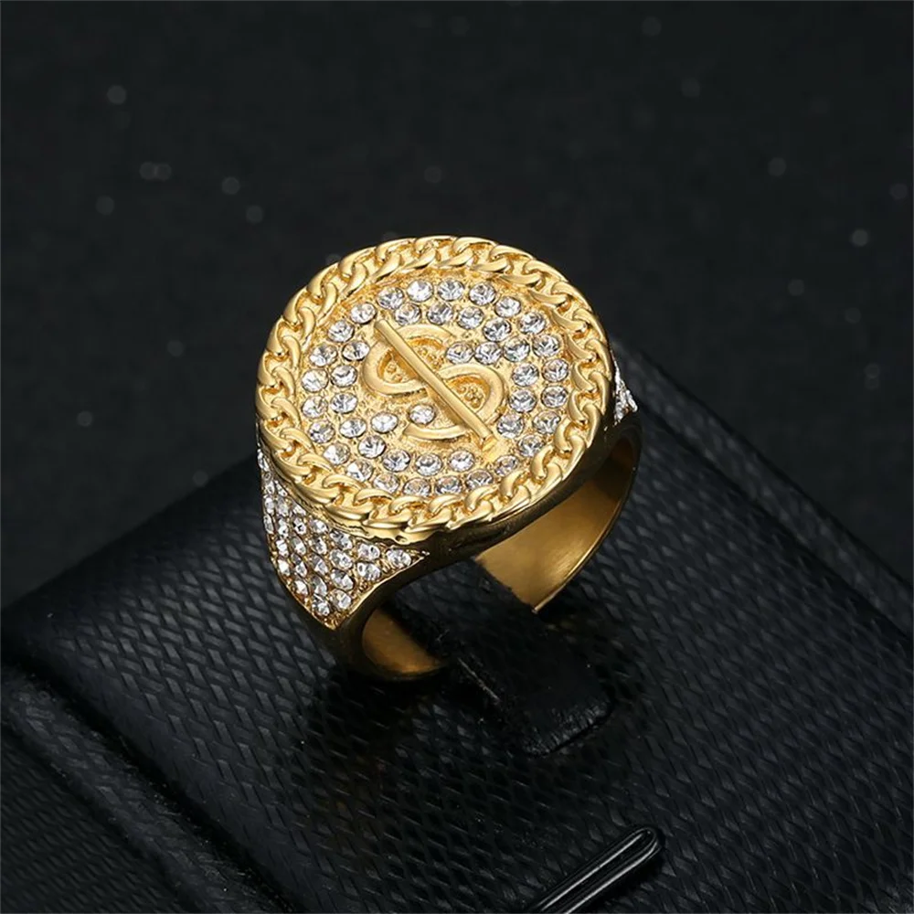 Hip Hop Iced Out Bling Dollar Zeichen Ring Männlich Gold Farbe Edelstahl Rapper Große Runde Geld Ringe Für Männer Partei Schmuck Geschenk