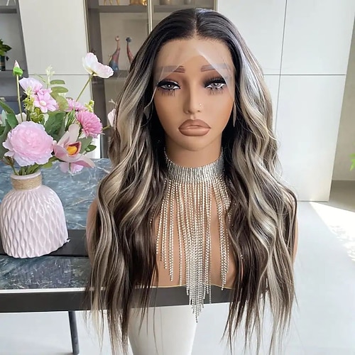 brasilianisches unbehandeltes Remy-Menschenhaar, 5 x 5 Verschlussperücken, 13 x 4 Lace-Front-Perücke, Mittelteil, gewellte aschblonde Strähnchenperücke mit Babyhaar, klebefrei, vorgezupft, für Frauen Image