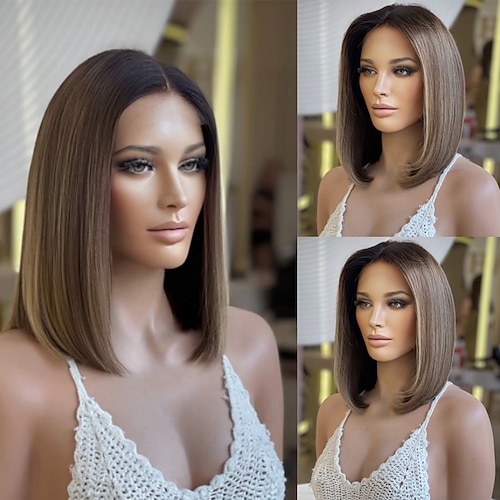 Unbehandeltes Echthaar 5x5 Verschluss 13x4 Spitzenfront Perücke Kurzer Bob Brasilianisches Haar Glatt Mehrfarbig Perücke 130% 150% Haardichte Ombre-Haar Hervorgehobenes / Balayage-Haar Natürlicher Image