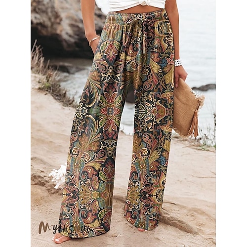 Damen Weite Hosenbeine Urlaub Vintage Ethno-Stil Volle Länge Hohe Taille Blumen Grafik Schnelltrocknend Atmungsaktivität Weich Unelastisch Lässig Outdoor Urlaub Gelb Rot Khaki Kaffee Sommer Frühling Image