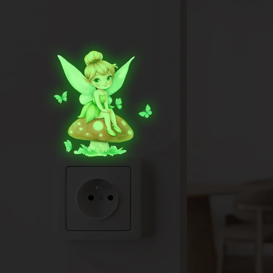 Im Dunkeln leuchtende Feen-Schmetterlings-Schalter-Aufkleber – selbstklebende Cartoon-Aufkleber, abnehmbare Wanddekoration für Kinderzimmer und Kinderzimmer Image