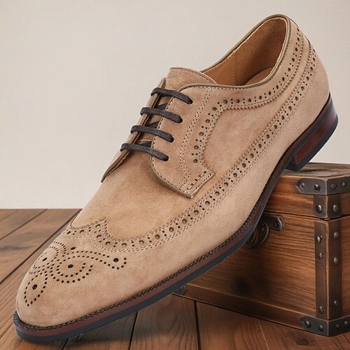 scarpe oxford brogue in pelle beige da uomo – scarpe classiche con lacci e perforazioni dettagliate, ideali per ufficio ed eventi formali