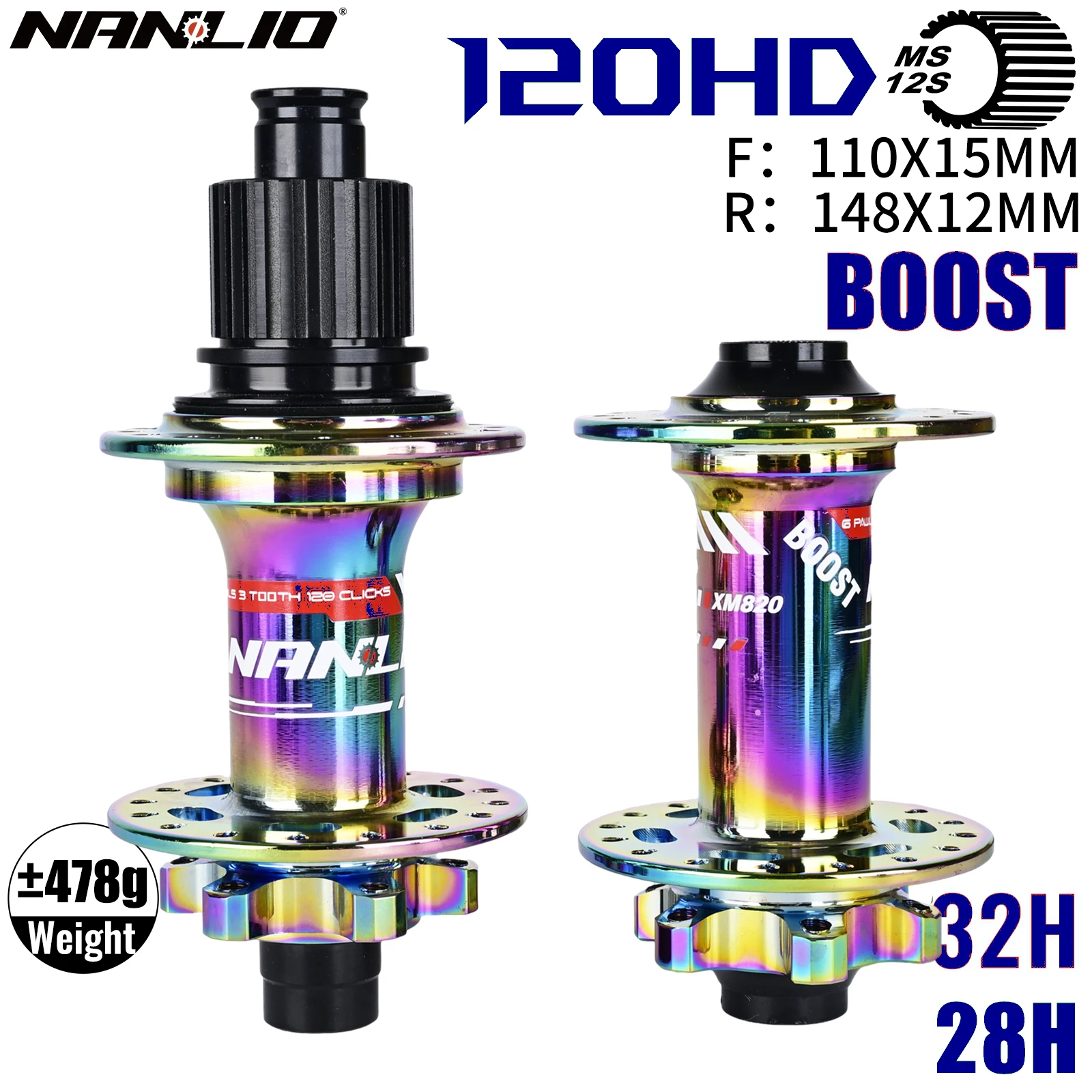 Nanlio MTB Boost Fahrradnabe | 6 Sperrklinken 120 Klicks | 28/32H | Steckachse 15×110 & 12×148mm | HG XD MS 8–12 Gänge | Regenbogen / Schwarz Image