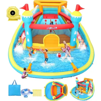Whubefy 14.1x13.8Ft Inflatable Water Slide Bounce House for Kids, Inflatable Waterslide Bouncy House Jump Castle w/2 Slide