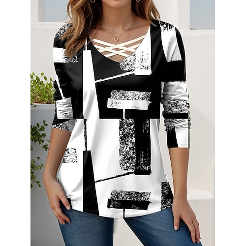 Damen T Shirt Ausschnitt Druck Grafik Geometrisch Vintage Stilvoll Modern Langarm V Ausschnitt Normale Oberteile Täglich Weiß Rosa Pudriges Rosa Braun Khaki Frühling Herbst Image