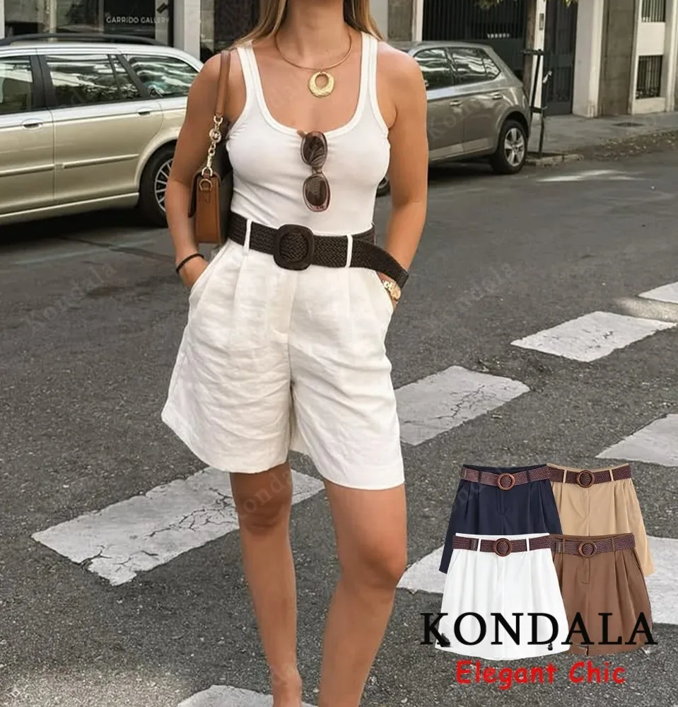 KONDALA Casual Vielseitige Gürtel Shorts Frauen Tasche Geflochtene Gürtel Shorts 2025, Sommer Mode High Street Einfache Moderne Dame Shorts Image