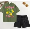Zitrone Früchte Cello Rosa Brief Drucke Gewaschene T Shirts Frauen Straße Oversize Kurze Sets Sommer Hip Hop T-Shirt Set Baumwolle Hosen
