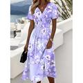 Frauen Elegante Midi Kleid A-Linien Kleid Wickelkleid V-Ausschnitt Kurzärmelig Ausgehen Reguläre Passform Floral Grafik Pink Blau Lila Grün