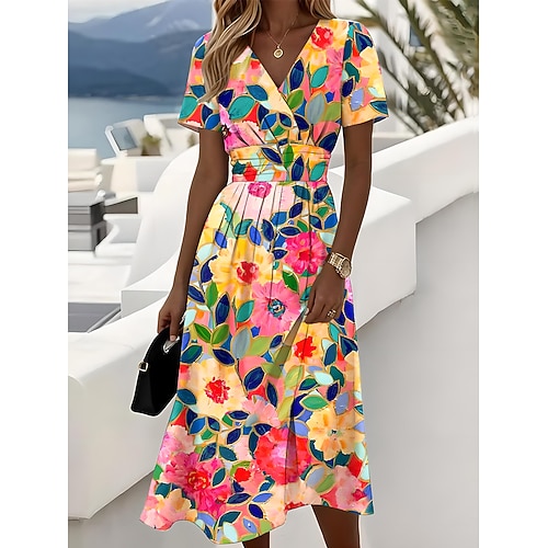 Frauen Elegante Midi Kleid A-Linien Kleid Wickelkleid V-Ausschnitt Kurzärmelig Reguläre Passform Floral Grafik Rot Himmelblau Tintenblau Grün Image