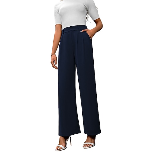 Damen Weites Bein Stoffhosen Streetwear Lässig Volle Länge Natürliche Taille Einfach Tasche Elastischer Bund Bequem Outdoor Wochenende Kastanienbraun Weinrot Rot orange Pfauenblau Herbst Normale Image