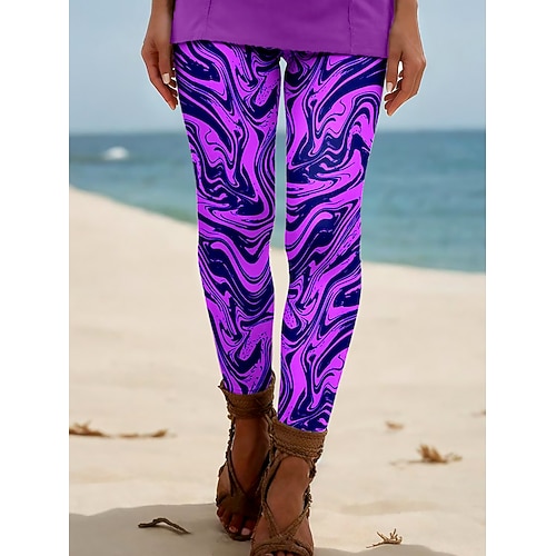 Damen Leggings Urlaub Vintage Ethno-Stil Knöchellang Hohe Taille Grafik Linien / Wellen Abstrakt 3D-Druck Atmungsaktivität Weich Bequem Dehnbar Täglich Heim Outdoor Weinrot Gelbbraun Violett Rubinrot Image